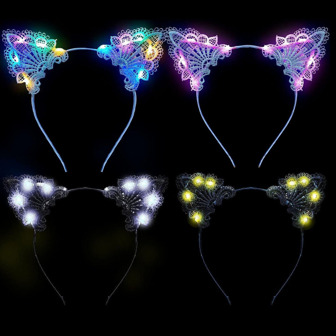 Rave Essentials Co. [AMAZON® EXPEDITED SHIPPING] (4 Pack) LED Lace Cat Ear Headband